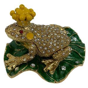 Royal Frog Trinket Box Rhinestone on Gold Metal Hinge Top Lacquer Gift 6560